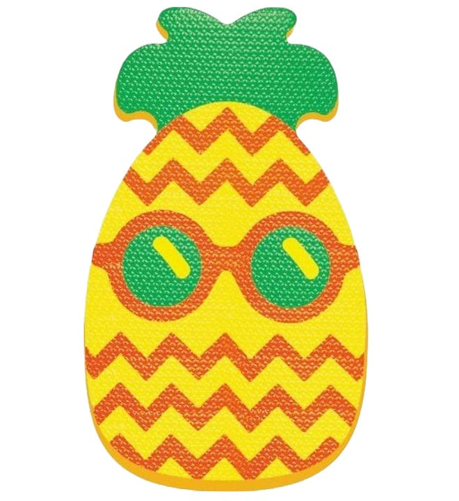 Kickboard for the pool. This image shows the kickboard that looks like a pineapple wearing sunglasses; colors: Green, Yellow and Orange.