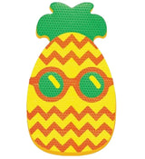 Kickboard for the pool. This image shows the kickboard that looks like a pineapple wearing sunglasses; colors: Green, Yellow and Orange.