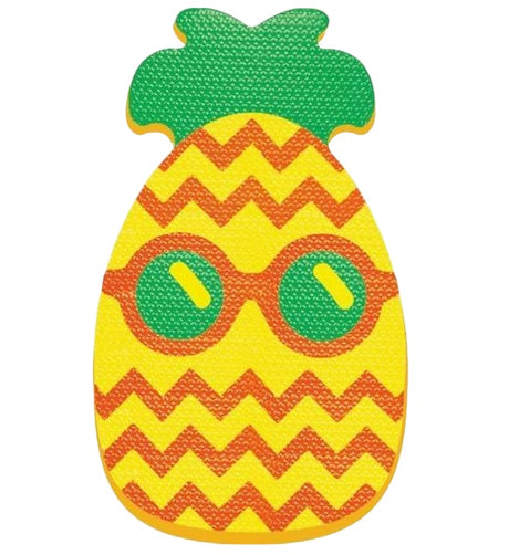 Kickboard for the pool. This image shows the kickboard that looks like a pineapple wearing sunglasses; colors: Green, Yellow and Orange.