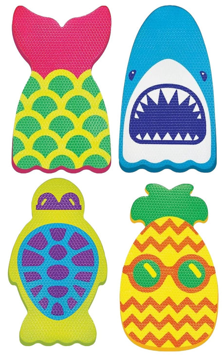 Kickboard for the pool. There are four different options. One board looks like a mermaid tail; colors: Pink, Yellow and Green. One board looks like a shark; colors: Light Blue, Dark Blue and White. One board looks like a turtle; colors: Lime Green, Purple and Blue. One board looks like a pineapple wearing sunglasses; colors: Green, Yellow and Orange.