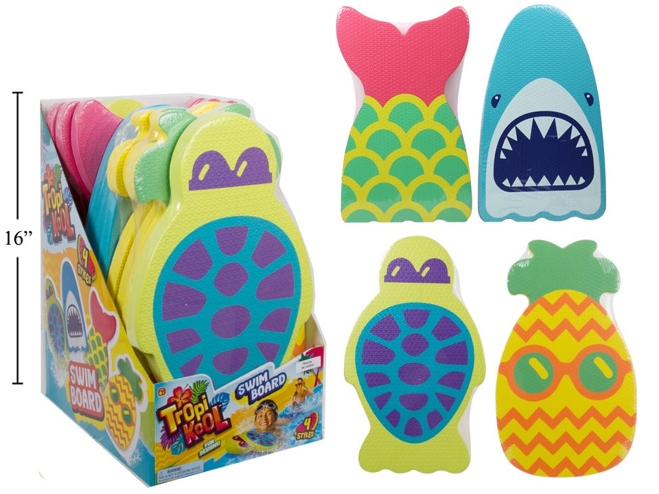 Kickboard for the pool. There are four different options. One board looks like a mermaid tail; colors: Pink, Yellow and Green. One board looks like a shark; colors: Light Blue, Dark Blue and White. One board looks like a turtle; colors: Lime Green, Purple and Blue. One board looks like a pineapple wearing sunglasses; colors: Green, Yellow and Orange. They measures 16 inches tall.