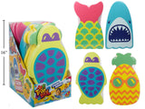 Kickboard for the pool. There are four different options. One board looks like a mermaid tail; colors: Pink, Yellow and Green. One board looks like a shark; colors: Light Blue, Dark Blue and White. One board looks like a turtle; colors: Lime Green, Purple and Blue. One board looks like a pineapple wearing sunglasses; colors: Green, Yellow and Orange. They measures 16 inches tall.