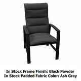 This image shows what the dining chair looks like on a white background. The image also reads "In Stock Frame Finish: Black Powder. In Stock Padded Fabric Color: Ash Gray."