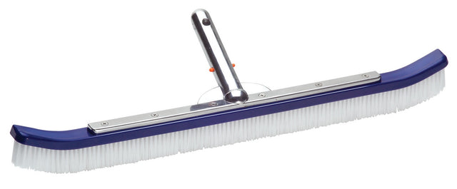 Pool wall brush. The handle is silver and blue and the bristles are white. Brush pole not included.