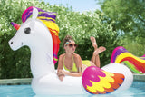 Inflatable pool float shaped like a white and rainbow unicorn.