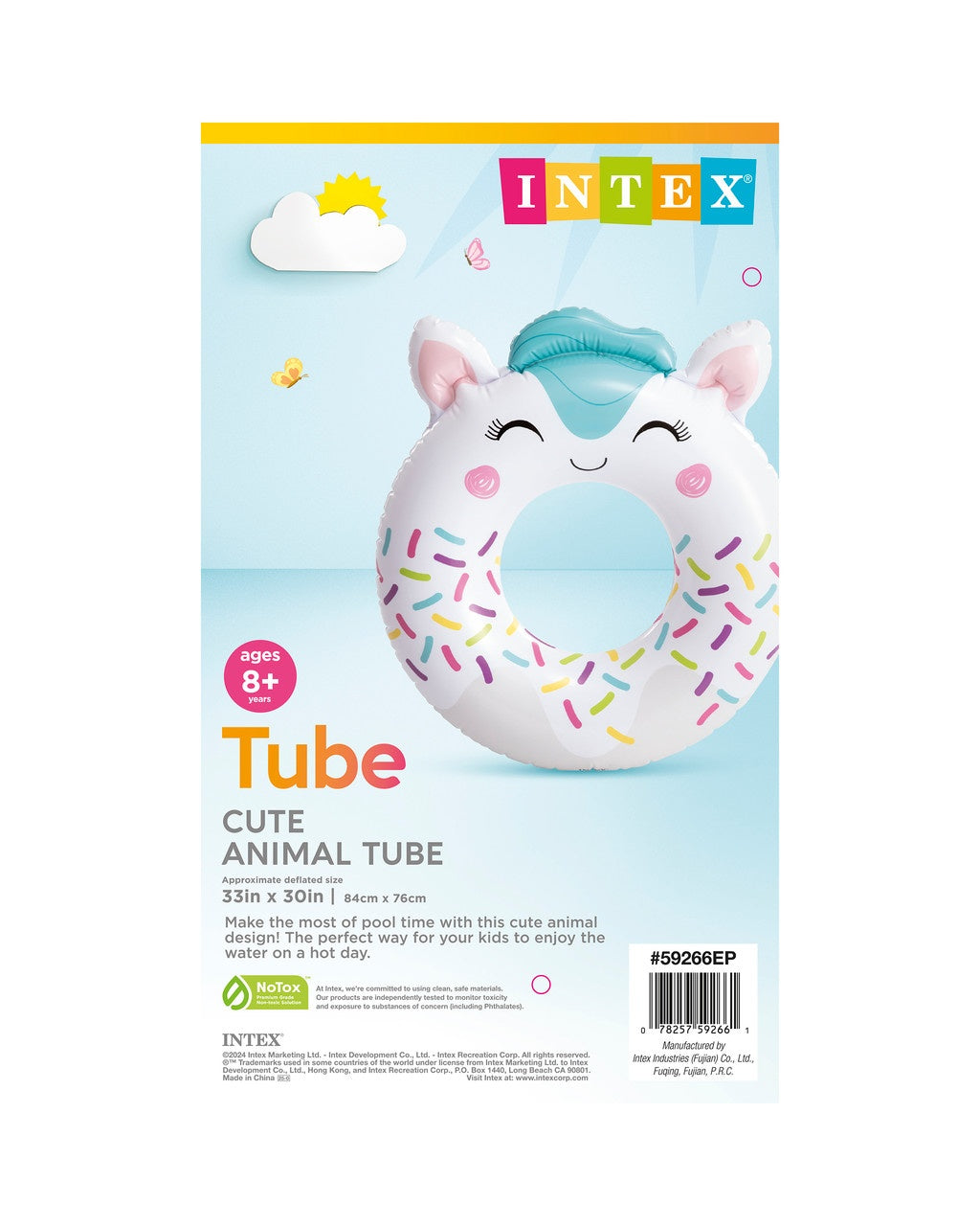 This image shows the packaging that the horse inner tube comes in. It reads "Intex. Ages 8+. Cute Animal Tube."