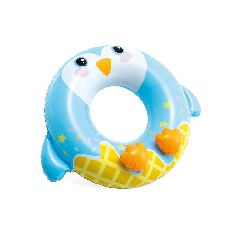 This image shows the penguin inner tube on a white background. The penguin is blue with a yellow waffle cone-looking bottom. It has two orange feet.