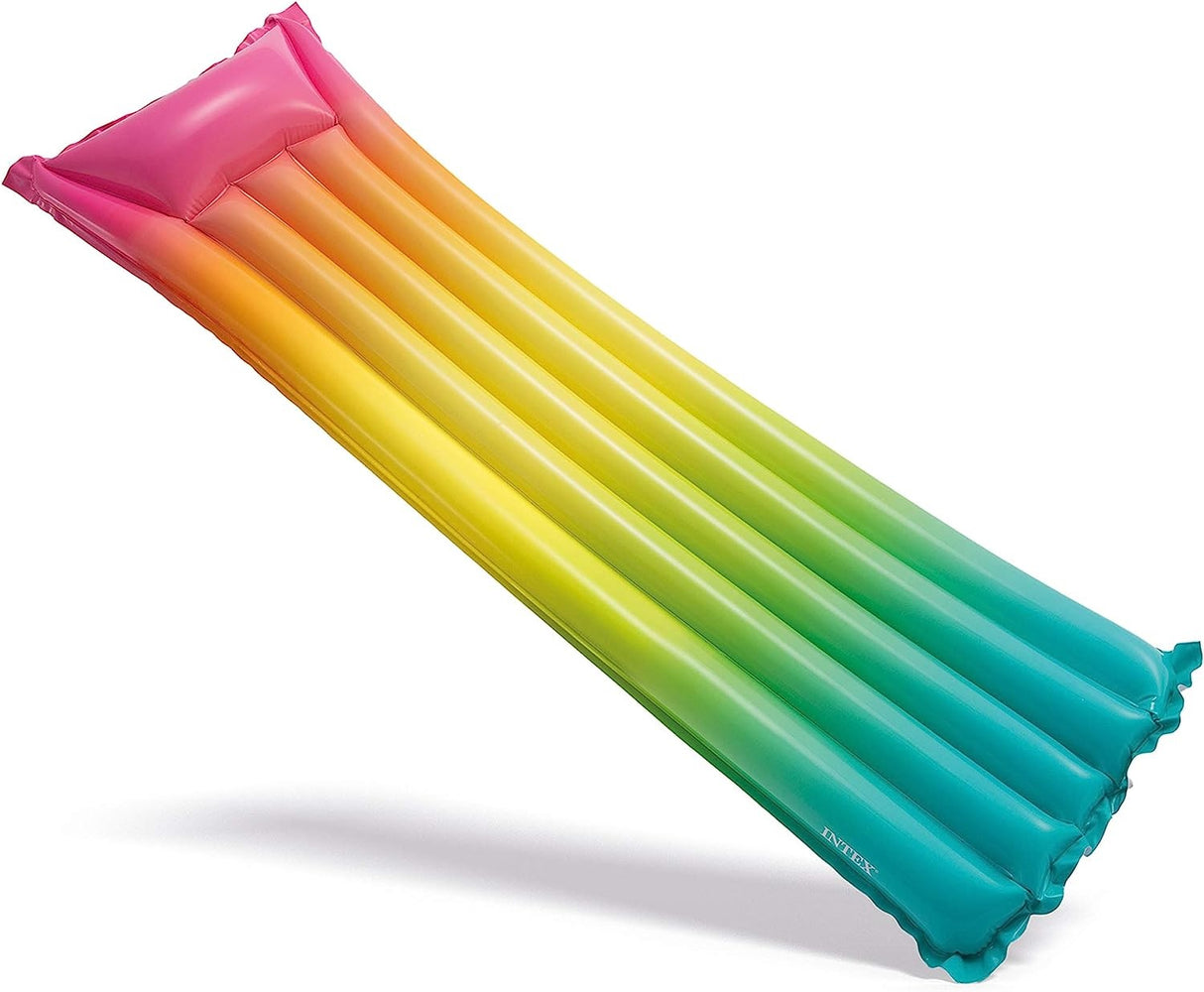 Inflatable pool mattress with an ombre rainbow design.
