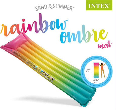 Inflatable pool mattress with an ombre rainbow design.