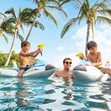 Inflatable shaped like a jet plane. The inflatable comes with a squirt gun.