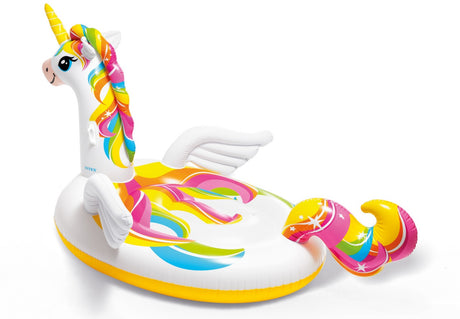 8 ft. long inflatable pool float shaped like a rainbow unicorn.