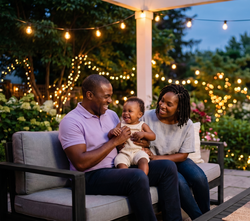 Family sitting on a patio with string lights and a garden in the background