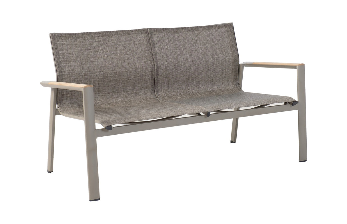 This image shows the loveseat on a white background. The sling and frames are a gray color. The armrests are a wood color.