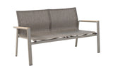 This image shows the loveseat on a white background. The sling and frames are a gray color. The armrests are a wood color.