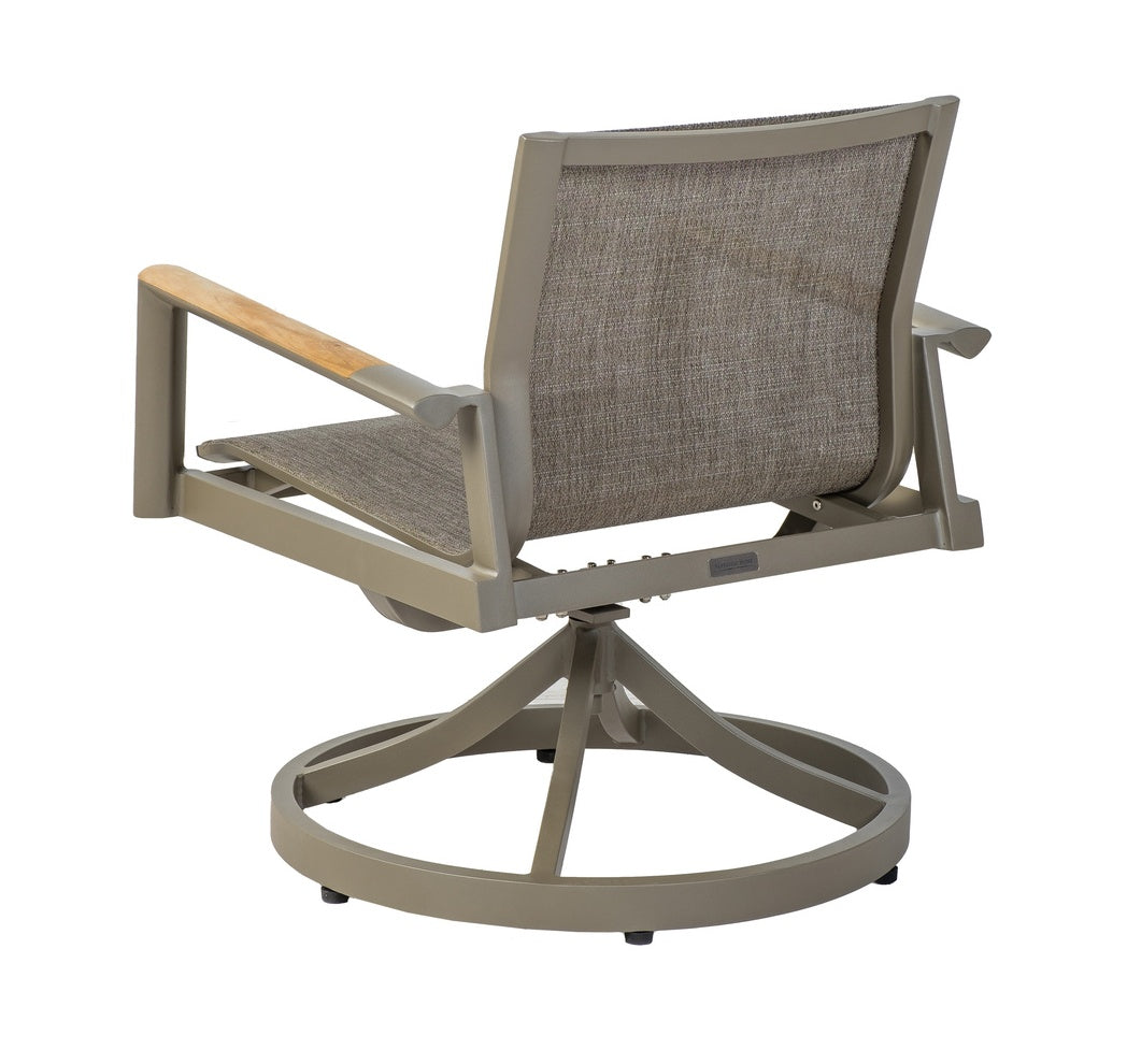 This image shows the back of the sling swivel rocker chair on a white background. The sling and frames are a gray color. The armrests are a wood color.