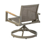 This image shows the back of the sling swivel rocker chair on a white background. The sling and frames are a gray color. The armrests are a wood color.