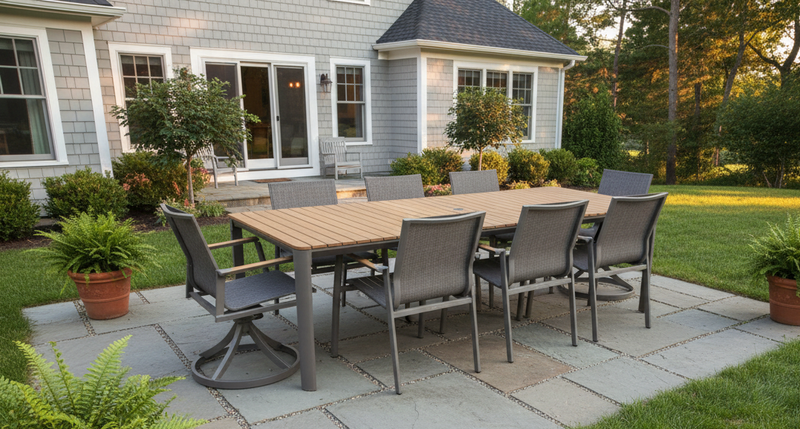 Outdoor patio with a wooden table and chairs in front of a house.