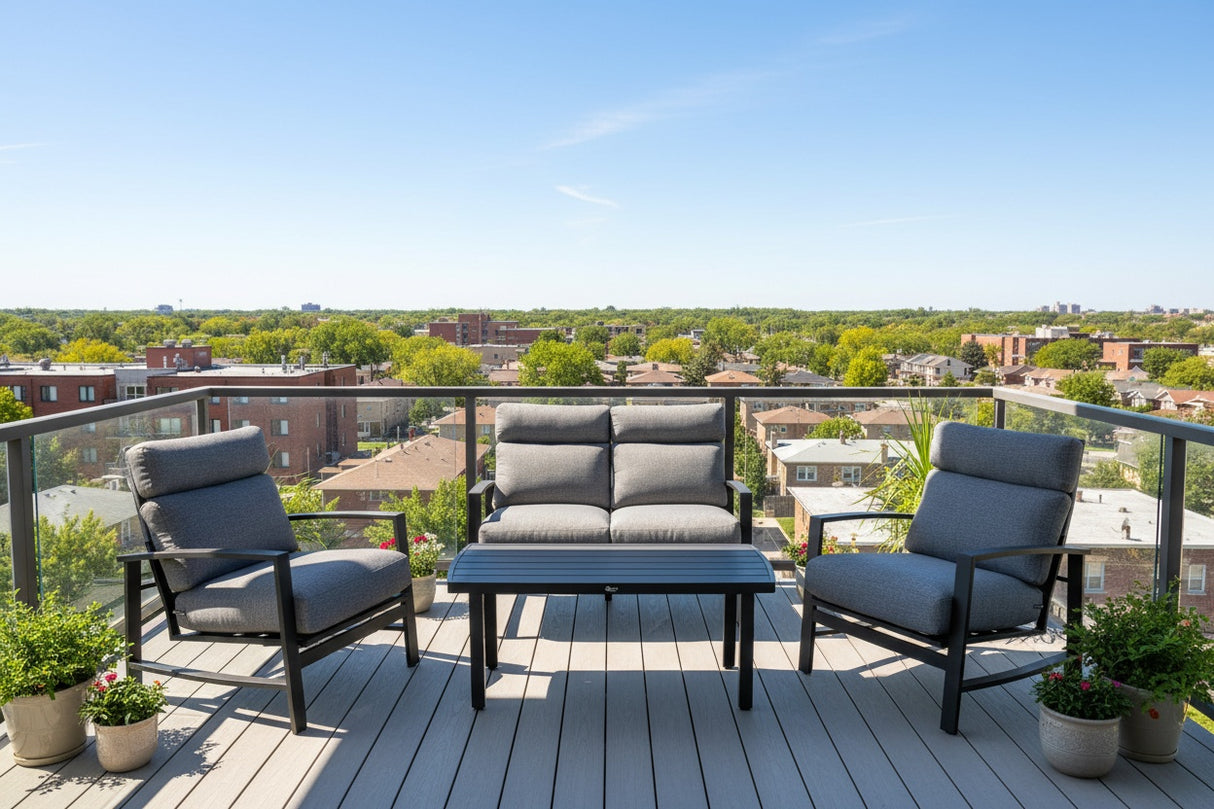 This is a lifestyle image showing this patio furniture set on a balcony overlooking a Midwestern neighborhood on a sunny day.