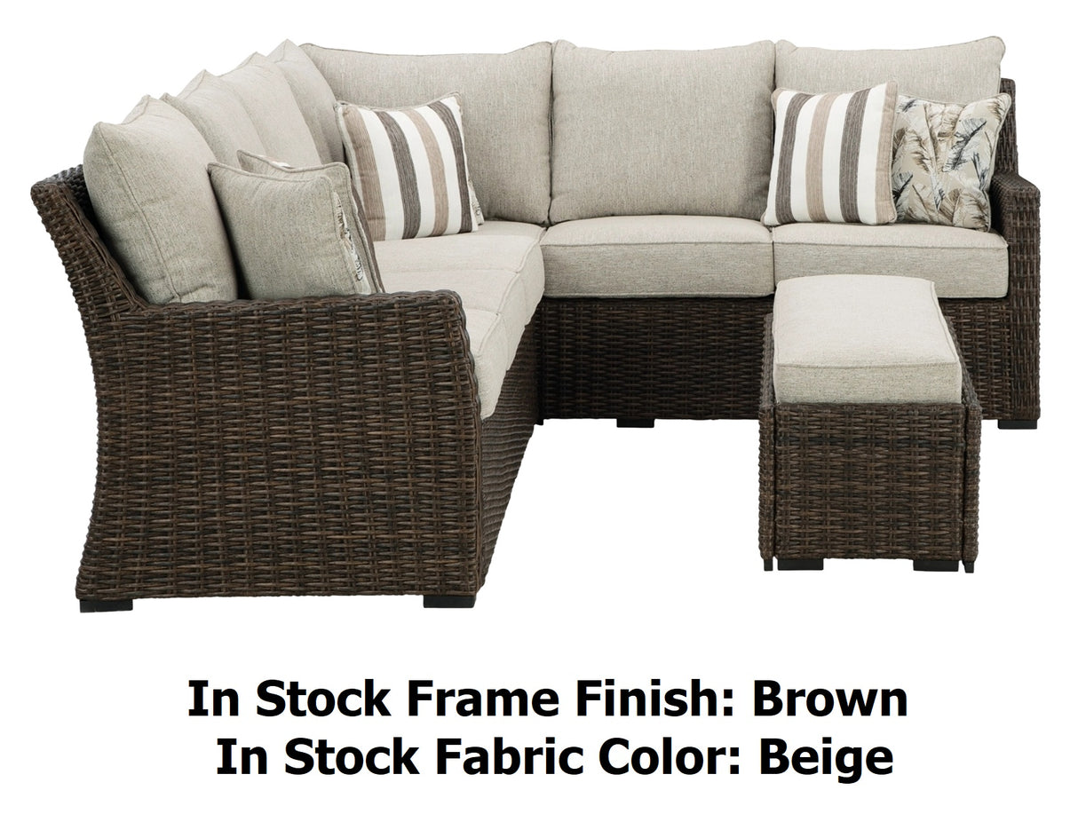 This image shows what the sectional sofa and the cushioned bench looks like on a white background. The image also reads "In Stock Frame Finish: Brown. In Stock Fabric Color: Beige."