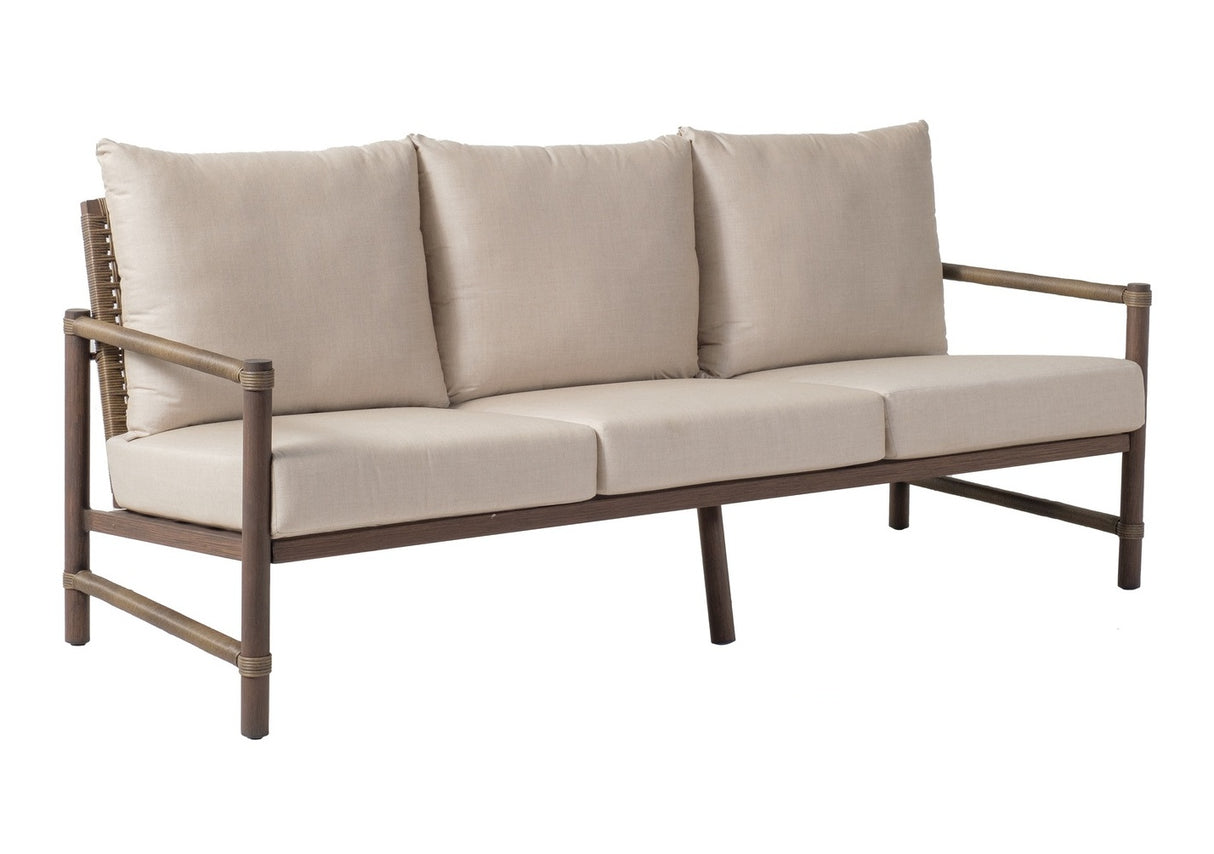 This image shows the sofa on a white background. The frames are brown and the cushions are a light tan color.