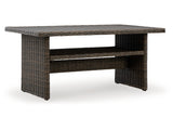 This image shows what the table looks like on a white background. The table is made to look like it's made of brown wicker.