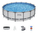 This image shows what is included in this pool package: the Bestway pool, the pool cover, pool ladder, pool filter and a pool filter cartridge.