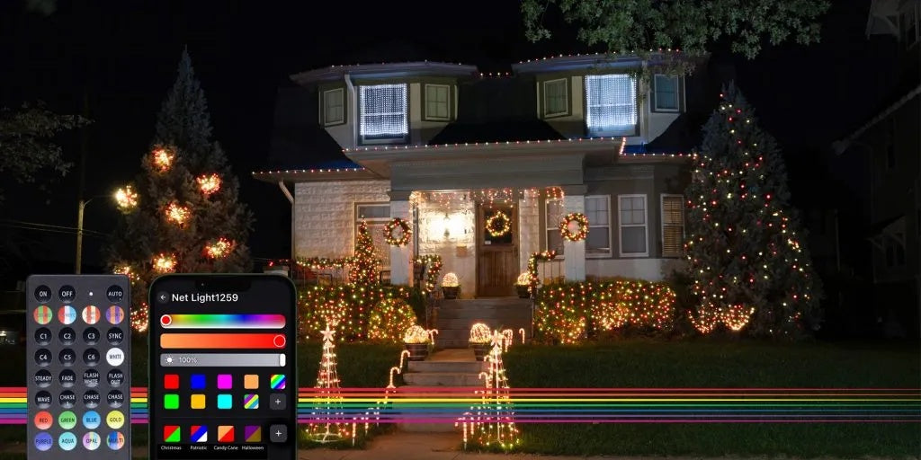 This image shows a house decorated with lots of LED lights and in the corner of the image, there's a picture of the remote you can use to control the lights as well as what the app looks like on a phone.