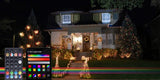 This image shows a house decorated with lots of LED lights and in the corner of the image, there's a picture of the remote you can use to control the lights as well as what the app looks like on a phone.