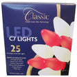 This image shows the box that these lights come in. It reads "Classic Look. New Technology. LED C7 Lights. 25 Nostalgic Look LED Lights. Matches incandescent exactly. 24 ft. lighted length. Connect up to 28 sets. Authentic glass bulbs. Works with incandescent. Energy efficient. Flicker free. Opaque Candy Cane."