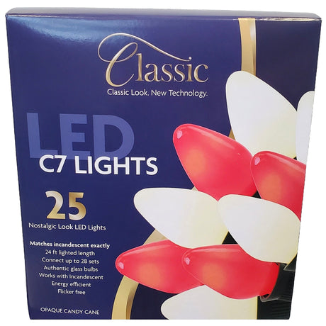 This image shows the box that these lights come in. It reads "Classic Look. New Technology. LED C7 Lights. 25 Nostalgic Look LED Lights. Matches incandescent exactly. 24 ft. lighted length. Connect up to 28 sets. Authentic glass bulbs. Works with incandescent. Energy efficient. Flicker free. Opaque Candy Cane."