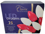 This image shows the box that these lights come in. It reads "Classic Look. New Technology. LED C9 Lights. 25 Nostalgic Look LED Lights. Matches incandescent exactly. 24 ft. lighted length. Connect up to 28 sets. Authentic glass bulbs. Works with incandescent. Energy efficient. Flicker free. Opaque Candy Cane."