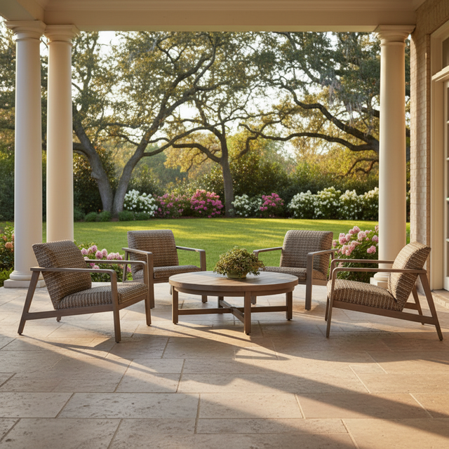 This is a lifestyle image showing this outdoor patio furniture set on a stone patio in a nice backyard.