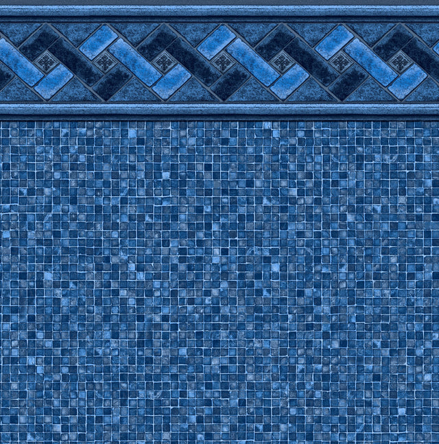 This is an up close view of this specific pool liner. The colors are all different shades of blue. The top of the liner is an intricate design and the bottom looks like tiny tiles.