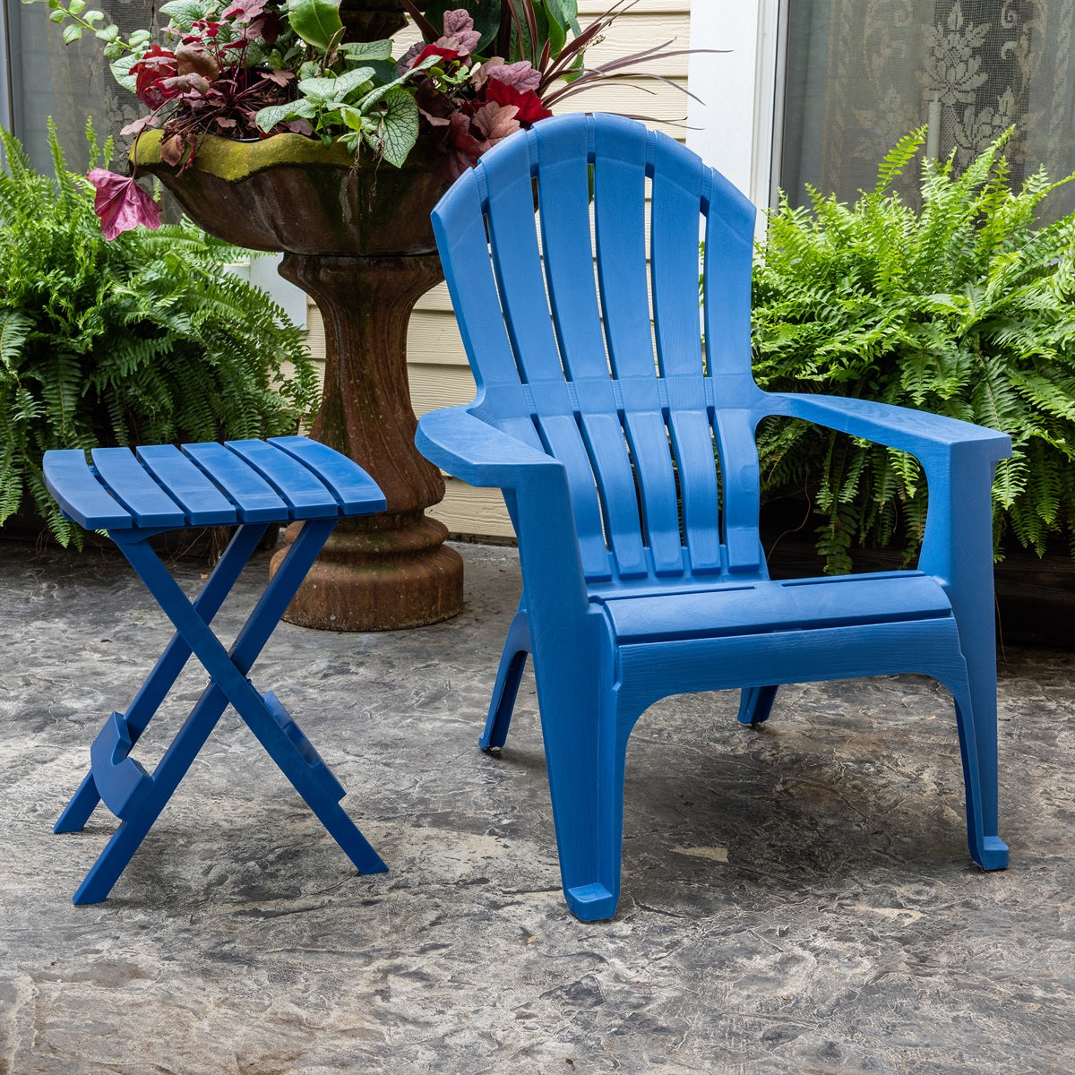A blue Adirondack chair.