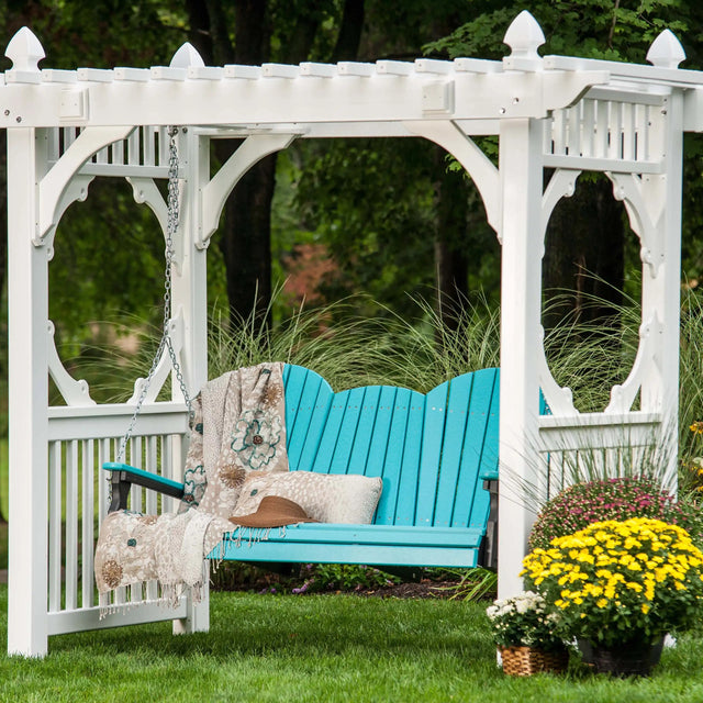 This is a lifestyle image showing the white classic vinyl swing stand with an Aruba Blue and Black colored swing bench.