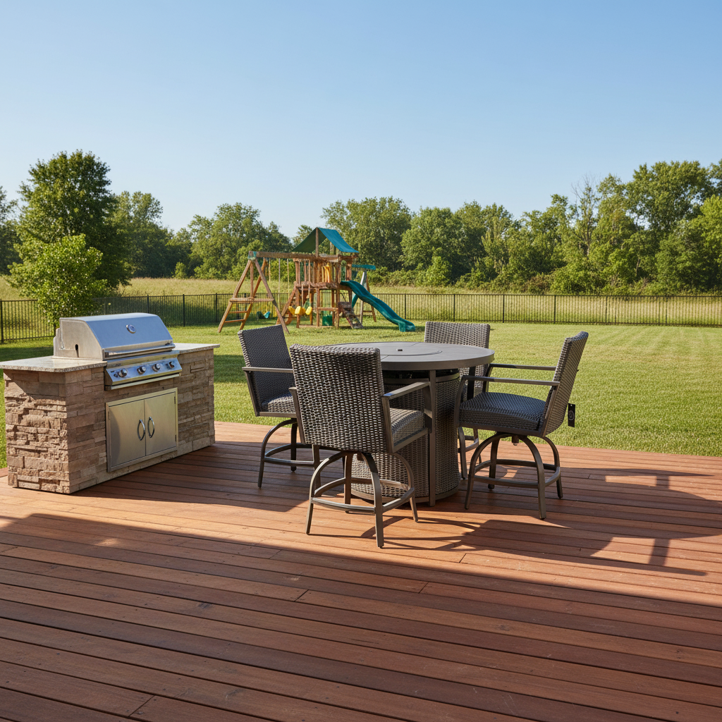 This is a lifestyle image showing the patio furniture set on a wooden porch in a grassy backyard. The porch also has a grill on it and in the back of the yard, there's a playset.