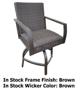This image shows what this bar height stool looks like on a white background. The photo reads "In stock frame finish: Brown. In stock wicker frame: Brown."