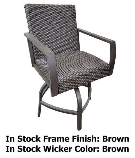 This image shows what this bar height stool looks like on a white background. The photo reads "In stock frame finish: Brown. In stock wicker frame: Brown."