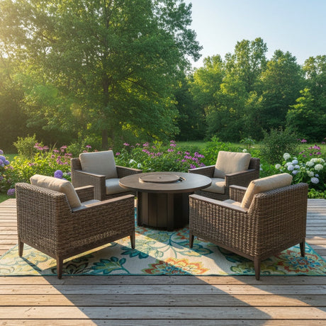 This is a lifestyle image showing this patio furniture set on a wooden deck in a grassy backyard on a sunny day.