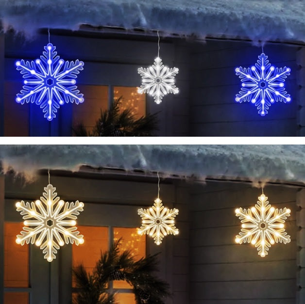 A compilation photo showing the different options for these snowflake icicle lights: Blue and Pure White or Warm White.