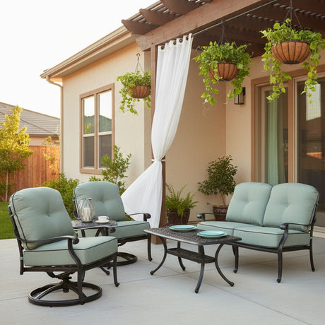 This is a lifestyle image showing the light teal colored furniture set on a concrete patio in a backyard on a bright, sunny day. There are hanging plants and white outdoor curtains blowing in the wind.