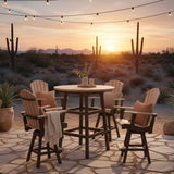 This is a lifestyle image showing the counter height patio set on a stone patio at sunset. There are cactus plants and potted plants around.
