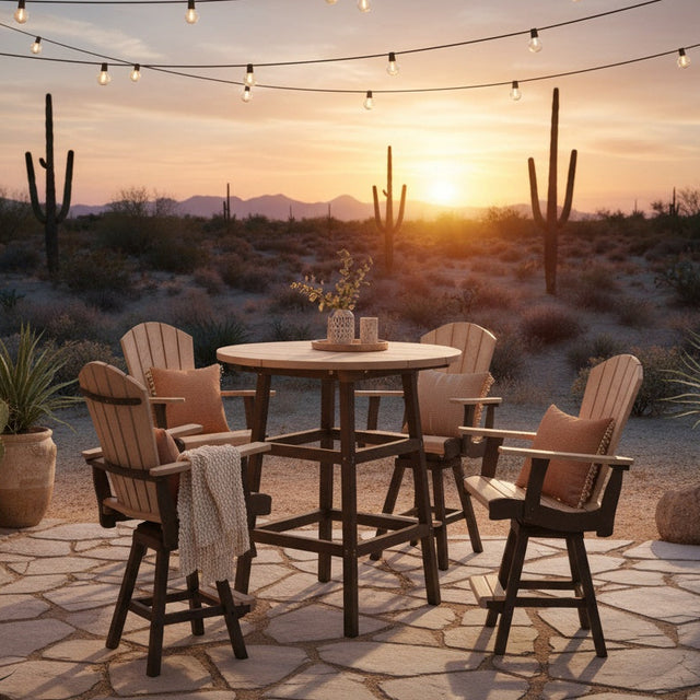 This is a lifestyle image showing the counter height patio set on a stone patio at sunset. There are cactus plants and potted plants around.