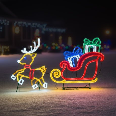 This is a lifestyle image showing the LED reindeer and the LED sleigh decorations in a snowy front yard at night.