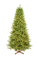 This image shows the 7.5 ft. tree pre-lit with Warm White Starry Lights. It has a wooden tree stand.