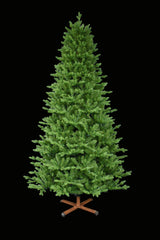 This image shows the tree with the lights turned off. It has a wooden stand. This tree is shown against a white background.