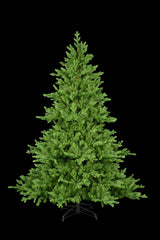 This image shows this specific 7.5 ft. artificial tree with the lights turned off. This tree is up against a black background.