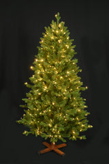 This image shows the tree pre-lit with Warm White Starry Lights. It has a wooden tree stand. This shows the tree on a black background.