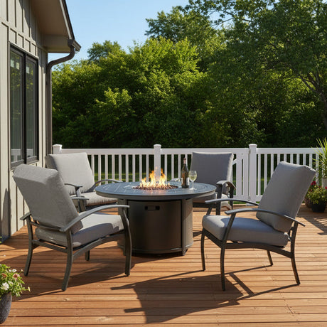This is a lifestyle image showing this cushioned patio furniture collection on a wooden deck surrounded by a white fence.