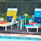 This is the a lifestyle showing two beach chairs near a pool and there's an end table between them. The chair on the left is Yellow and White and has a blue pillow on it. The end table is Aruba Blue and White and has two water bottles on it. The chair on the right is Aruba Blue and White and has a blue pillow on it.